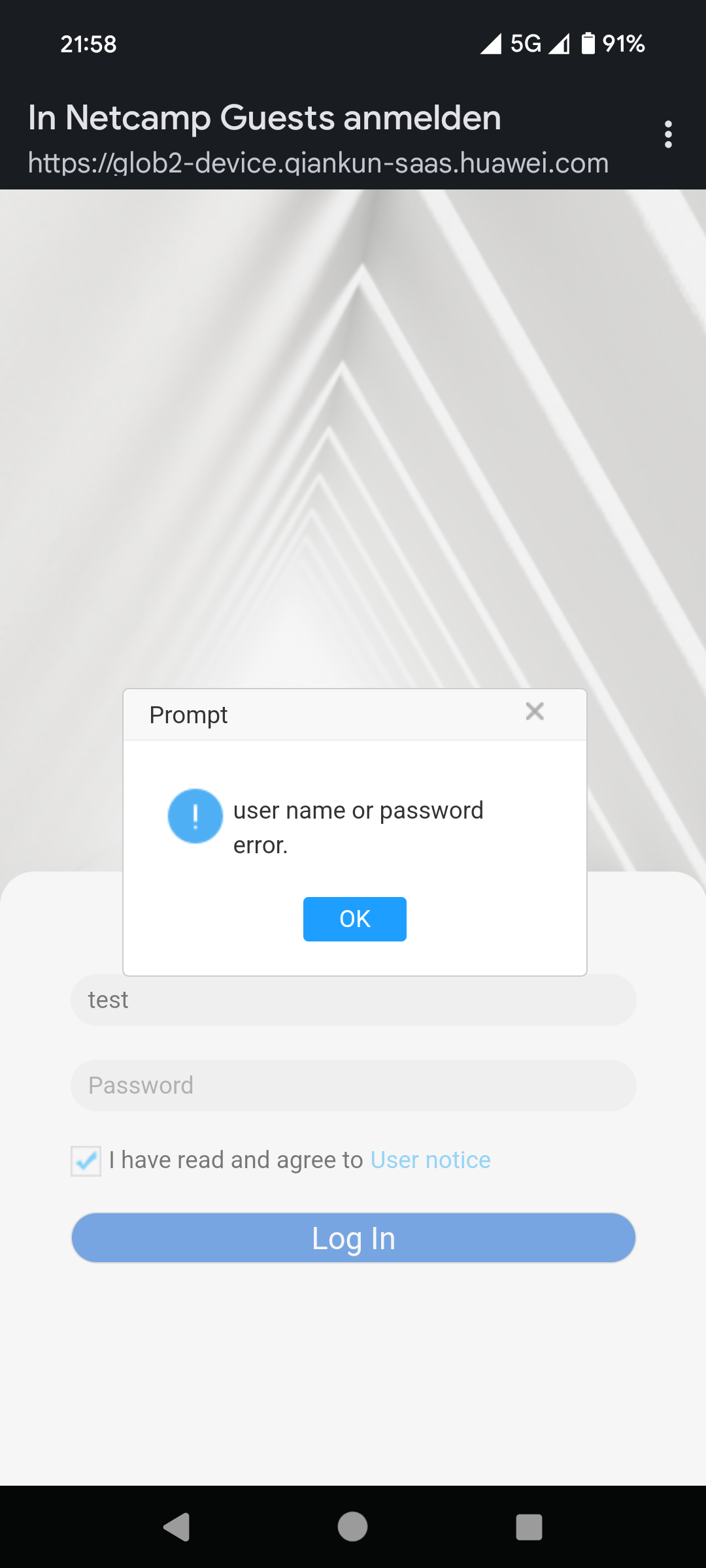 Huawei eKit captive portal login error