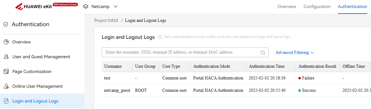Huawei eKit login and logout logs